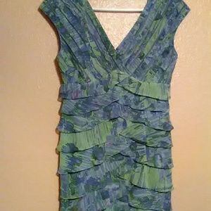 Adrianna Papell Blue and Green Tiered Ruffle V-Neck Dress